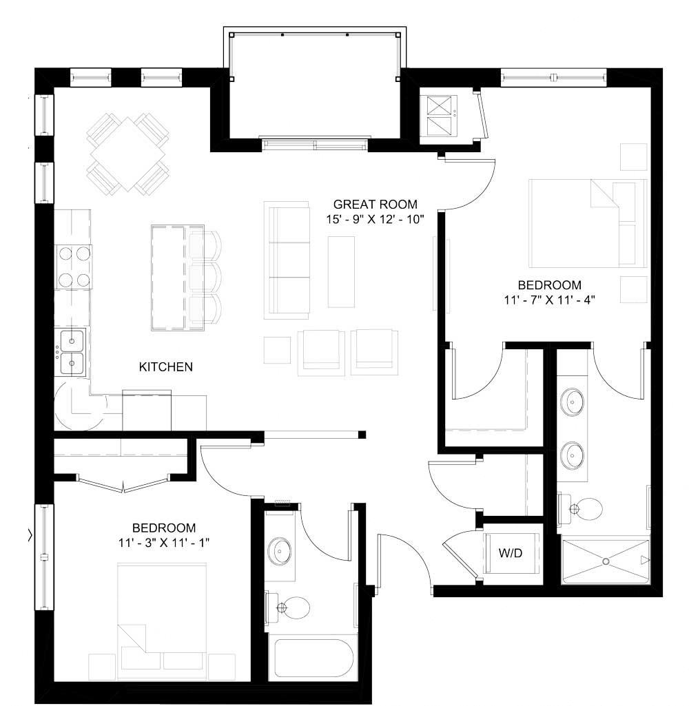 Floor plan for 2 beds, 2 baths, 1075 sqft